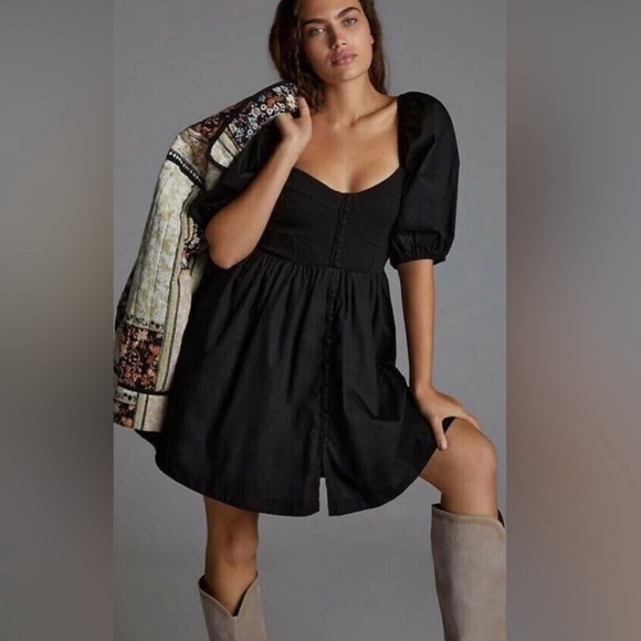 ANTHROPOLOGIE Maeve Puff-Sleeved Sweetheart Mini dress Size XS BLACK Has Pockets - Picture 1 of 9